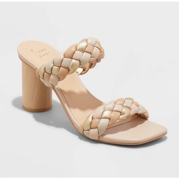 a new day Shoes - A New Day Womens Heels 7.5 Woven Sandals Tan Metallic Basil Heeled Two Bands New